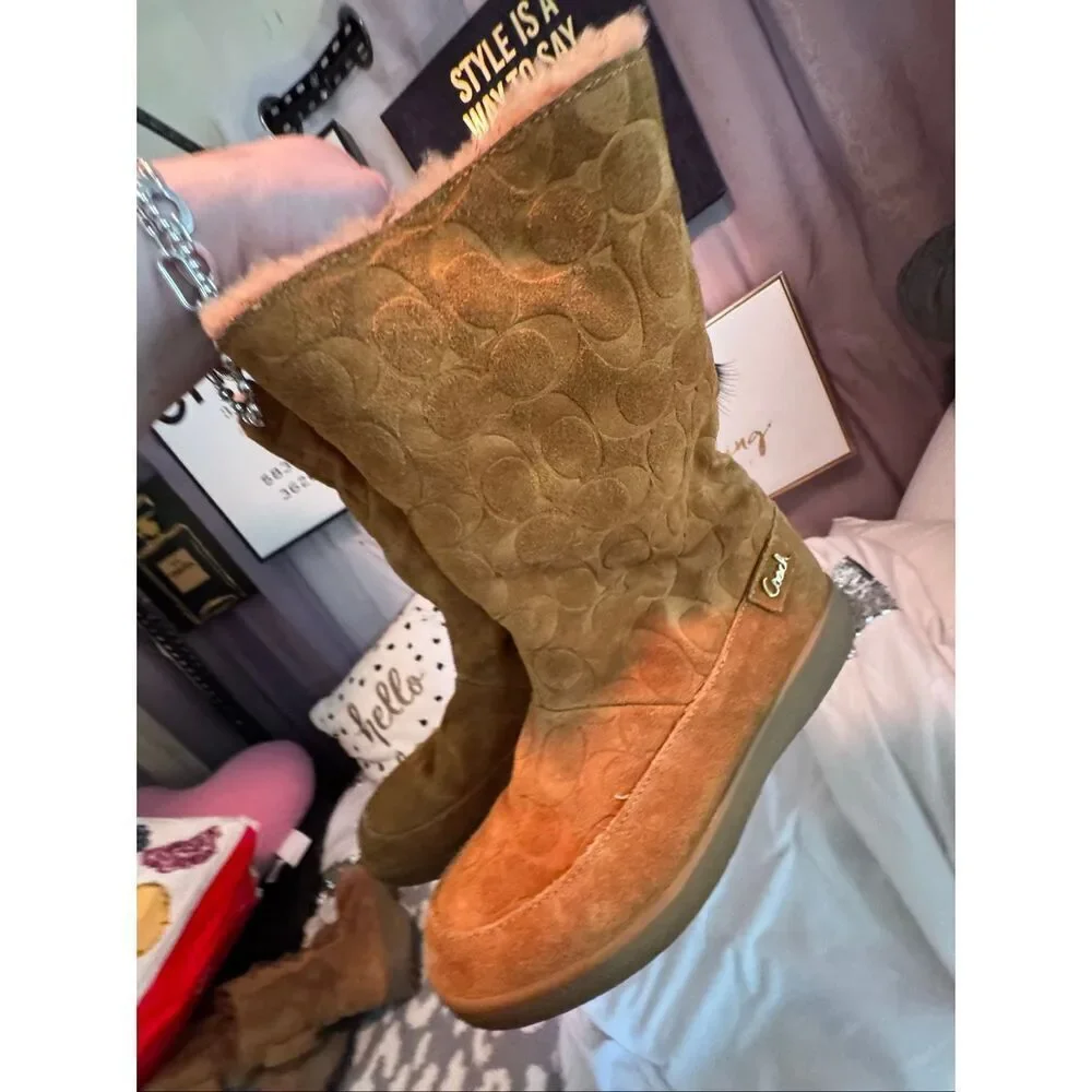 Vintage  Coach Tan Signature Cc Suede Bootie Tobacco 9 | Wool Cozy Chic Boho 10